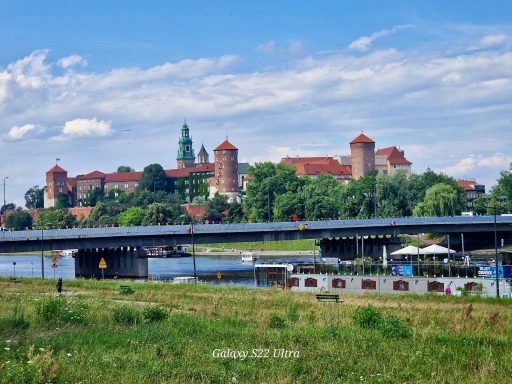 Krakau Blick auf eine Burg mit Türmen, umgeben von Grün und einem Fluss im Vordergrund.